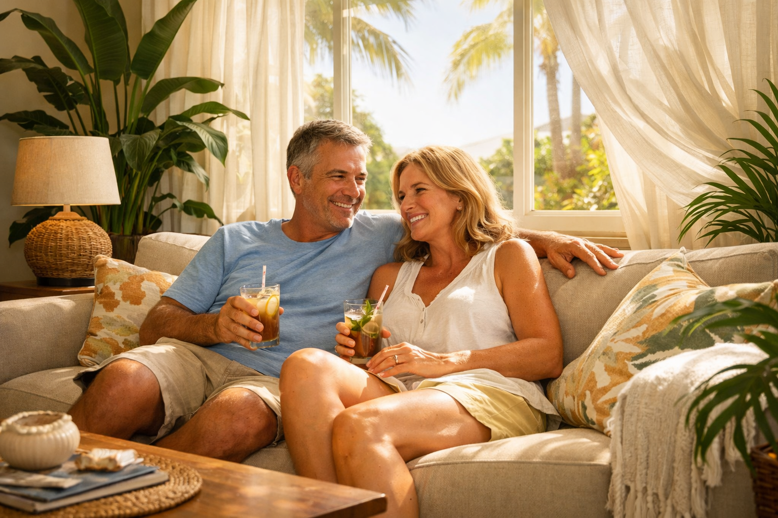 Cozy Summer Living Room with Tropical Plants and Iced Drinks-4