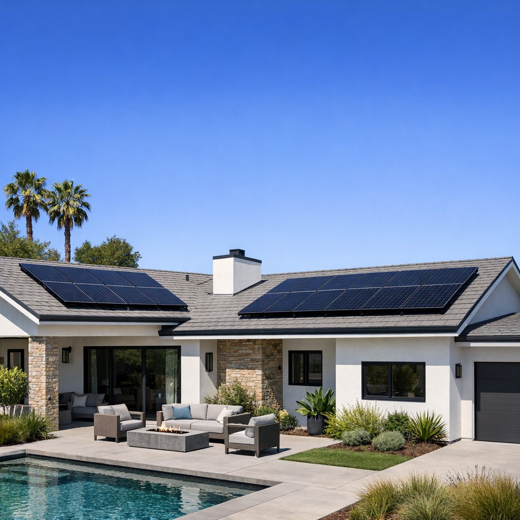 Modern Solar Panels on Southern California Home at Dusk