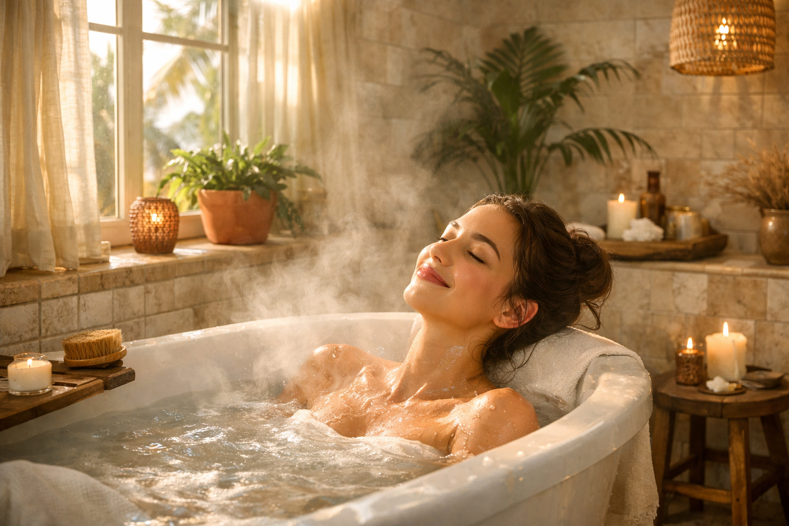 Serene Bath Oasis with Blissful Woman in Golden Light-1